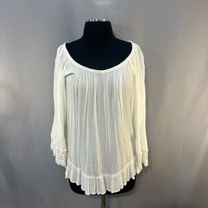 Pink Cattlelac Gauze Peasant Blouse Womens Large White Lace Crochet Bell Sleeve